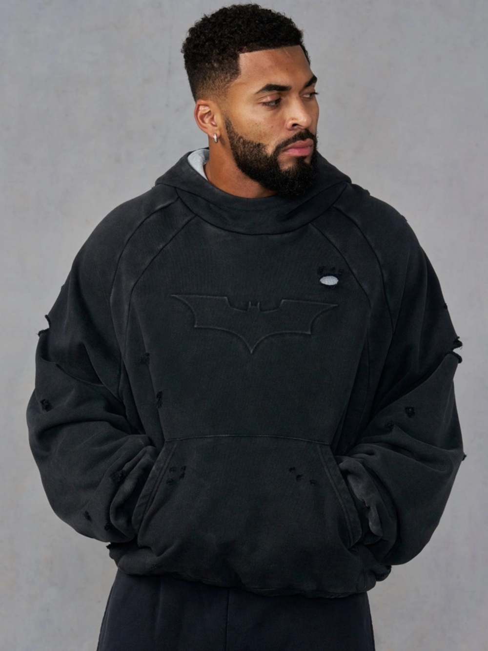YoungLA Distressed Batman Pullover Hoodie - Charcoal Gray